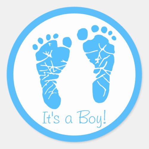 Cute Blue Baby Footprints Its a Boy Baby Shower Classic Round Sticker