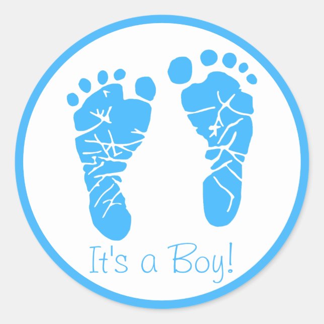 Cute Blue Baby Footprints Its a Boy Baby Shower Classic Round Sticker (Front)
