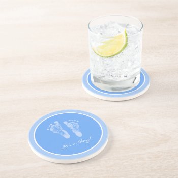 Cute Blue Baby Footprints Its A Boy Baby Shower Drink Coaster by PhotographyTKDesigns at Zazzle