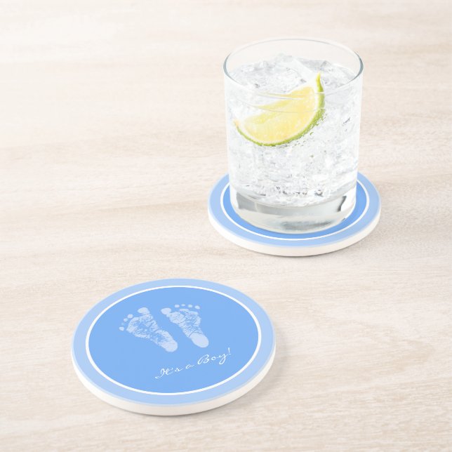 Cute Blue Baby Footprints Its a Boy Baby Shower Drink Coaster (Side)