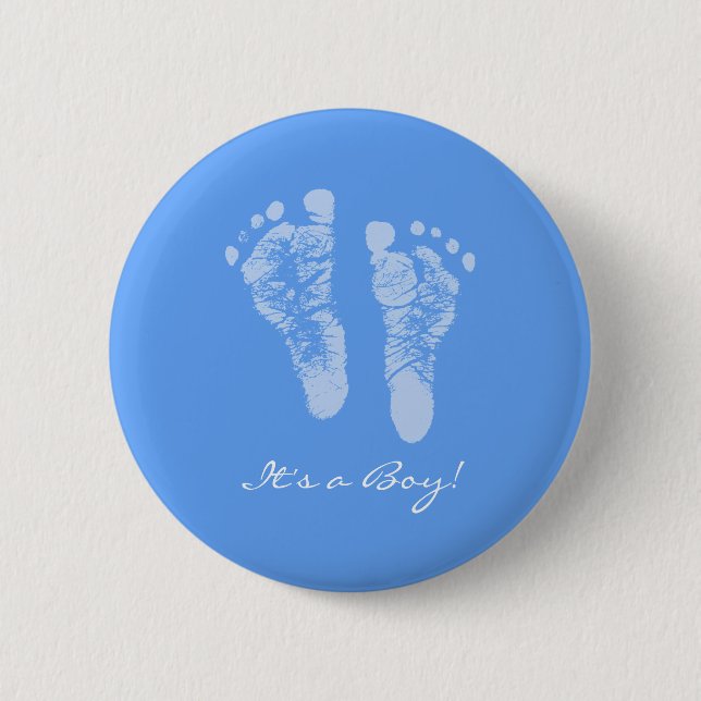 Cute Blue Baby Footprints Its a Boy Baby Shower Pinback Button (Front)