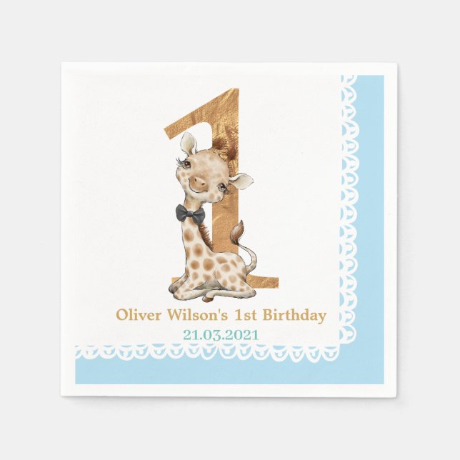 Cute Blue Baby Giraffe 1st Birthday Napkins (Front)
