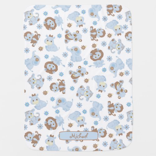 Cute Blue Baby Jungle Animals Swaddle Blanket