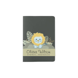 CUTE BLUE BABY JUNGLE LION LEAVES FOLIAGE GIFT KID PASSPORT HOLDER