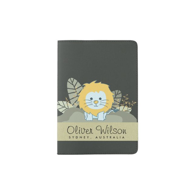 CUTE BLUE BABY JUNGLE LION LEAVES FOLIAGE GIFT KID PASSPORT HOLDER (Front)