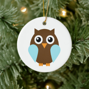 Cute Blue Baby Owl Ceramic Ornament