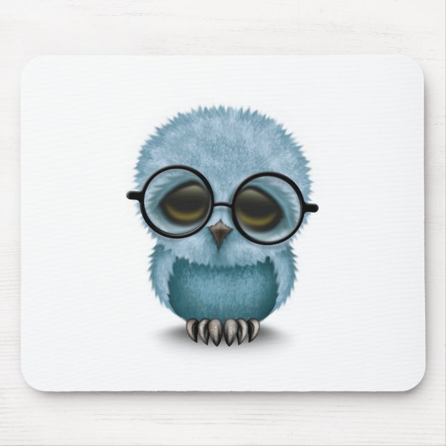 Cute Blue Baby Owl Wearing Glasses on White Mouse Pad (Front)