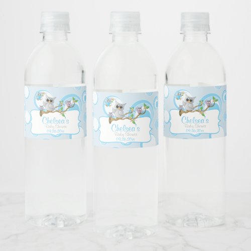 Cute Blue Baby Owls  Shower Theme Water Bottle Label