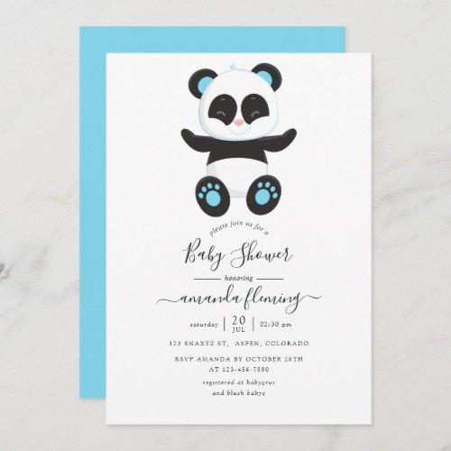 Cute Blue Baby Panda Boy Baby Shower Invitation