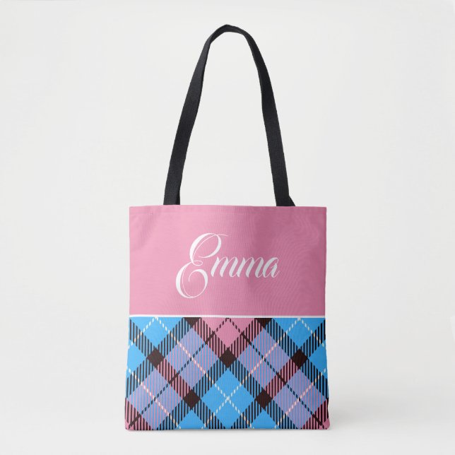 Cute Blue Baby Pink Plaid Tartan Personalized Name Tote Bag (Front)