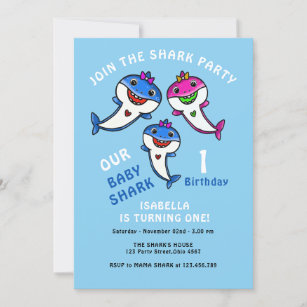 Cute Blue Baby Shark Baby Boy 1st Birthday   Invitation