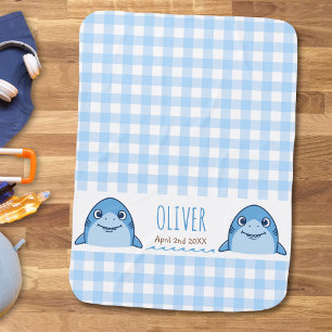 Cute Blue Baby Shark Gingham Name Birth Blanket