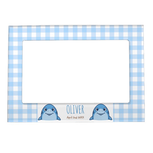Cute Blue Baby Shark Gingham Name Birth Magnetic Frame (Front)