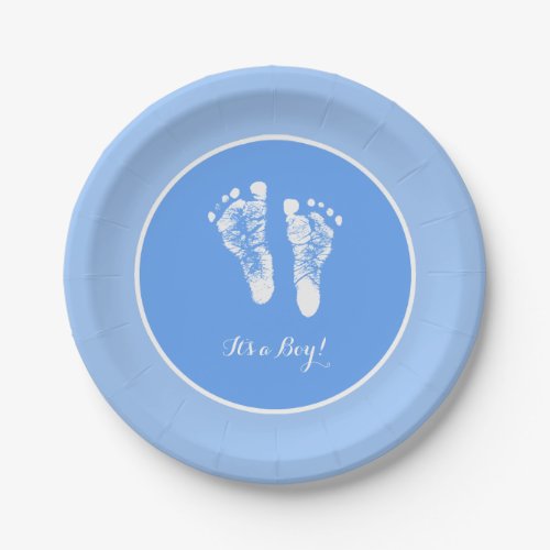 Cute Blue Baby Shower Its a Boy Newborn Footprints Paper Plates