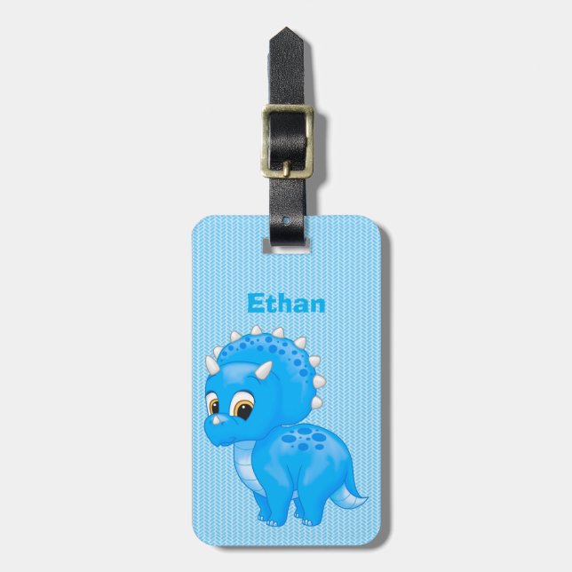 Cute Blue Baby Triceratops Dinosaur Luggage Tag (Front Vertical)