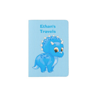 Cute Blue Baby Triceratops Dinosaur Passport Holder