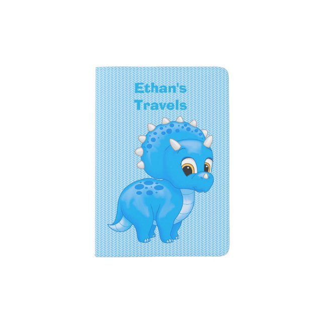 Cute Blue Baby Triceratops Dinosaur Passport Holder (Front)