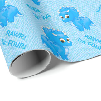 Cute Blue Baby Triceratops Dinosaur Wrapping Paper