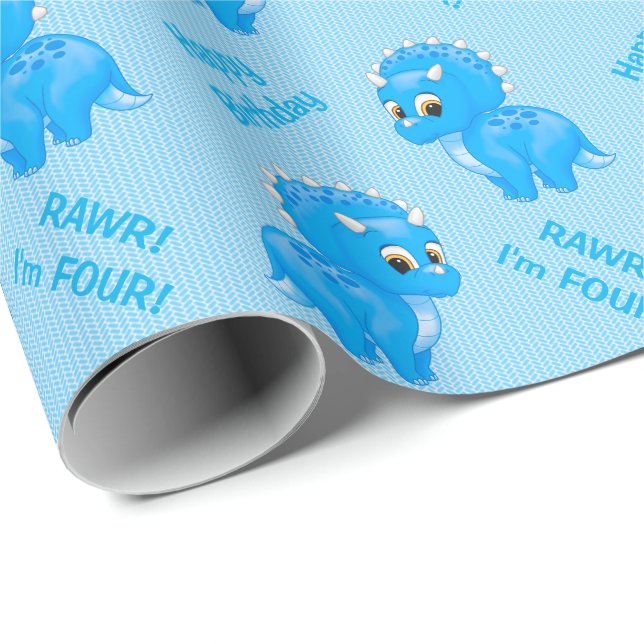 Cute Blue Baby Triceratops Dinosaur Wrapping Paper (Roll Corner)