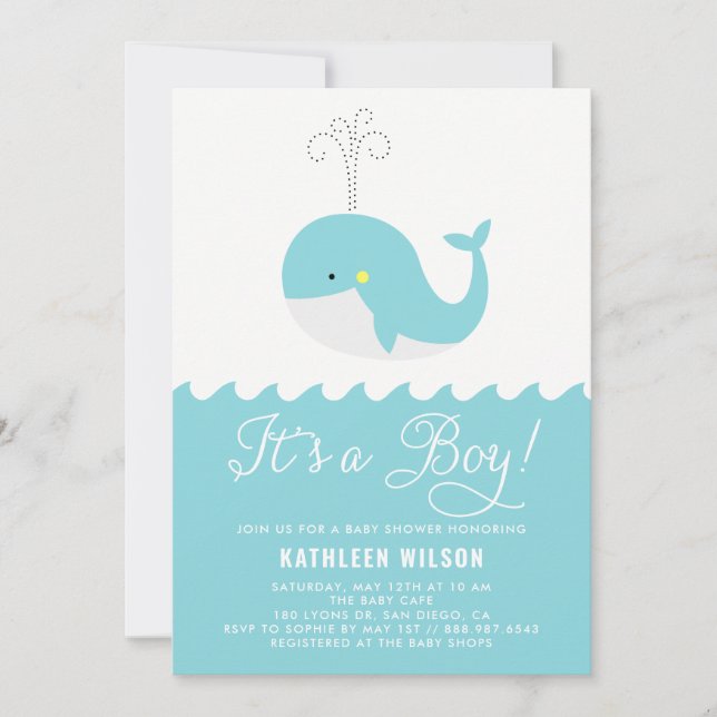 Cute Blue Baby Whale It's a Boy Baby Shower Invitation (Front)
