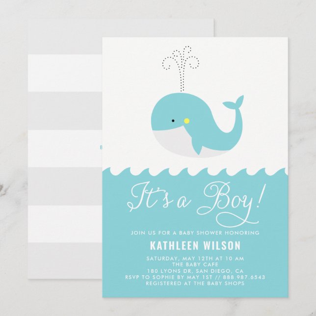 Cute Blue Baby Whale It's a Boy Baby Shower Invitation (Front/Back)