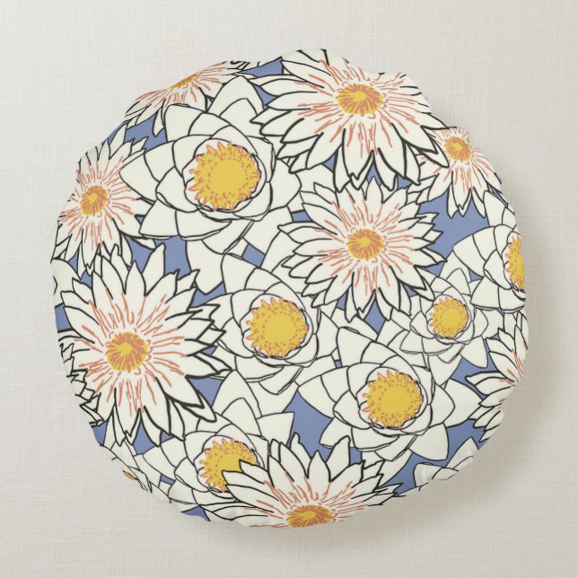 Cute blue background watercolor flowers round pillow (Back)