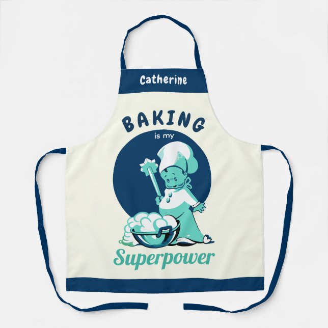 Cute Blue Baking is my Superpower with Name Apron (Front)
