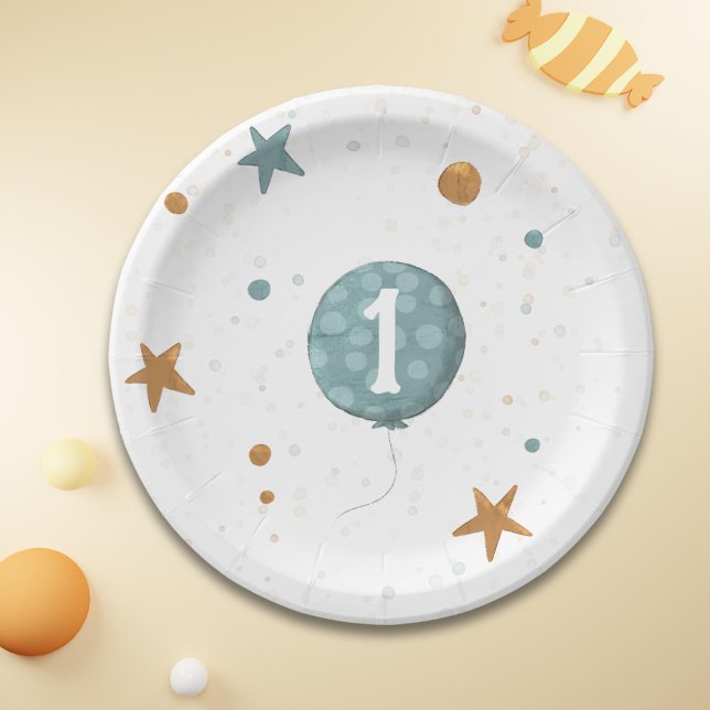 Cute Blue Balloon Boy 1st Birthday Party Paper Plates (Creator Uploaded)
