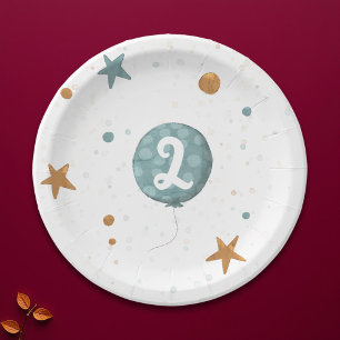 Cute Blue Balloon Boy 2nd Birthday Party Paper Plates