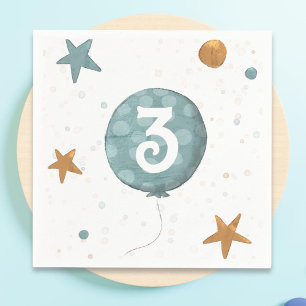 Cute Blue Balloon Boy Third Birthday Party Napkins