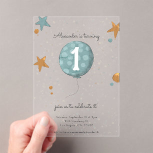 Cute Blue Balloon First Birthday Acrylic Invitations