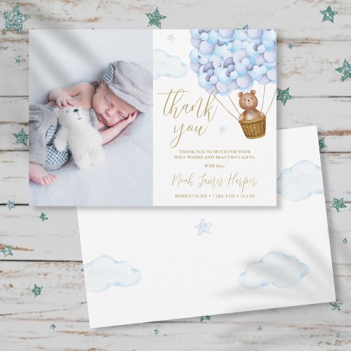 Cute Blue Balloons Bear Newborn Baby Photo Thank You Card
