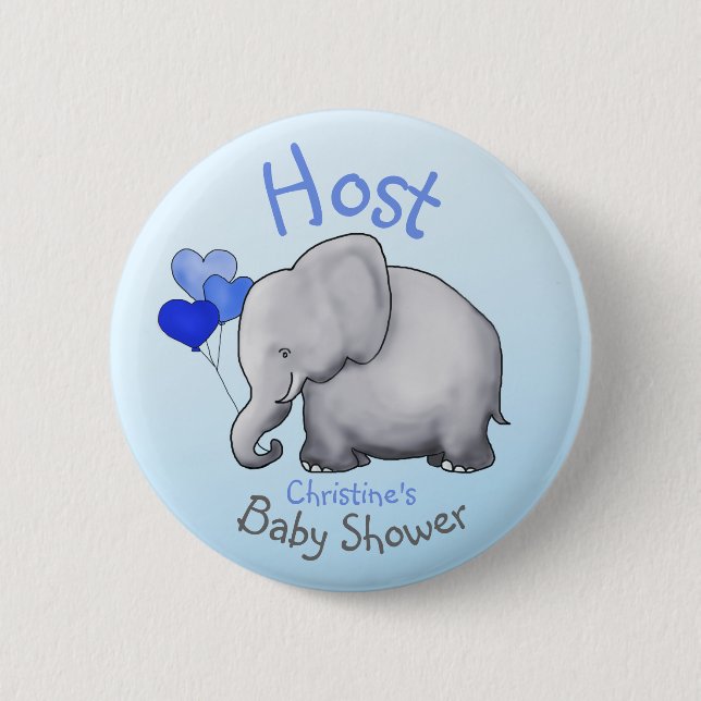 Cute Blue Balloons Elephant Baby Shower Host Pinback Button (Front)
