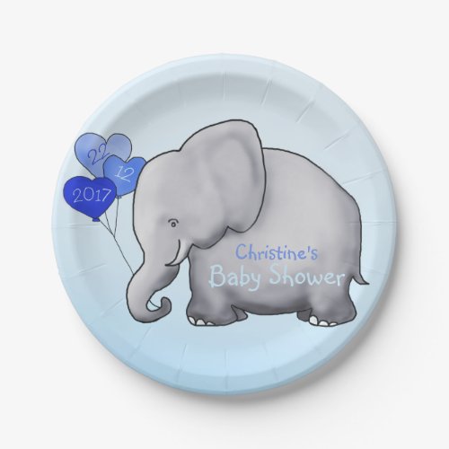 Cute Blue Balloons Elephant Boy Baby Shower Paper Plates