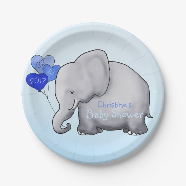 Cute Blue Balloons Elephant Boy Baby Shower Paper Plates (Front)