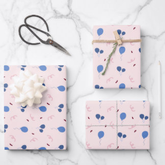 Cute Blue Balloons on Pink Birthday Wrapping Paper