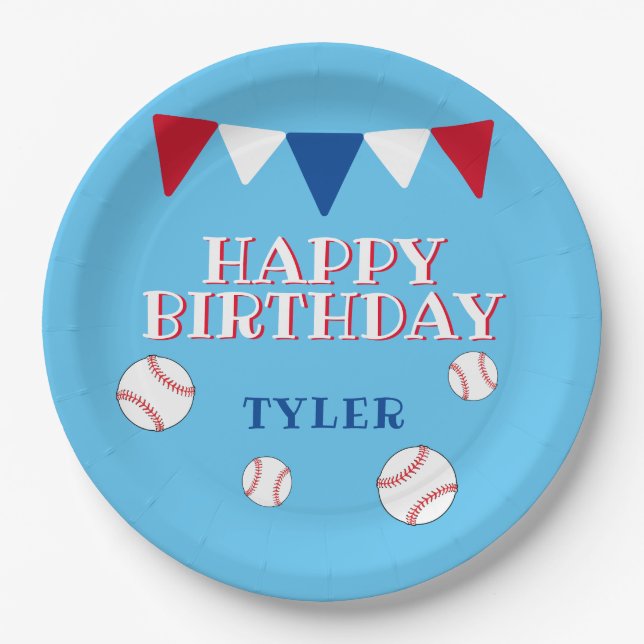 Cute Blue Baseball Ball Flag Kids Birthday Party Paper Plates (Front)