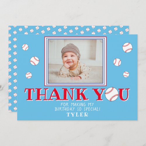 Cute Blue Baseball Ball Sports Birthday Photo Thank You Card