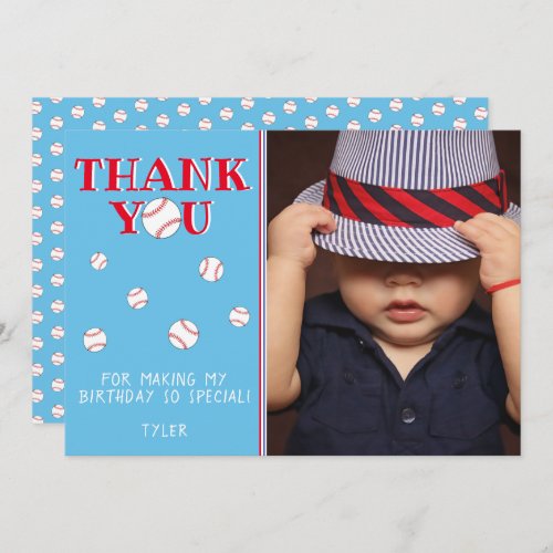 Cute Blue Baseball Ball Sports Birthday Photo Thank You Card