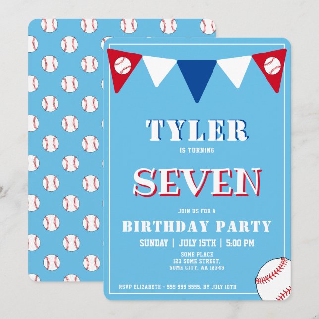 Cute Blue Baseball Birthday Invitation Birthday (Front/Back)