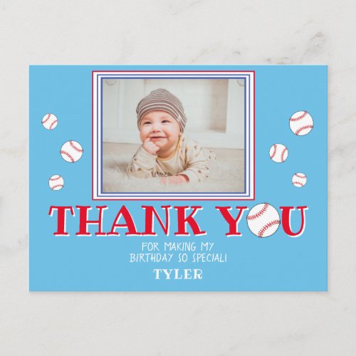 Cute Blue Baseball Birthday Thank you Photo Card