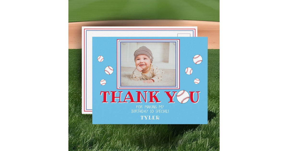 Cute Blue Baseball Birthday Thank you Photo Card | Zazzle