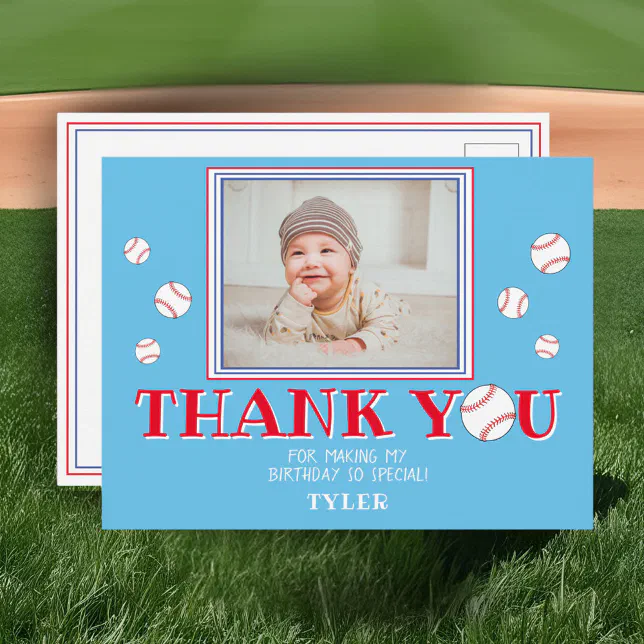 Cute Blue Baseball Birthday Thank you Photo Card | Zazzle