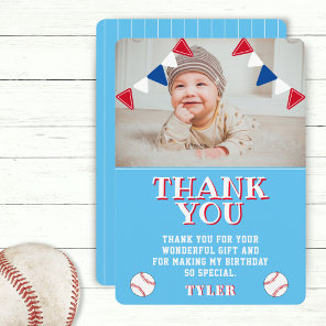 Cute Blue Baseball Kids Photo Birthday Thank You Card