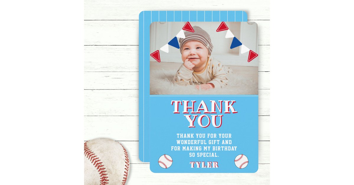 Cute Blue Baseball Kids Photo Birthday Thank You Card | Zazzle
