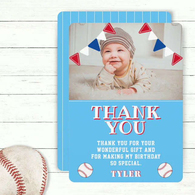 Cute Blue Baseball Kids Photo Birthday Thank You Card | Zazzle