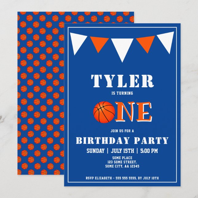 Cute Blue Basketball 1st Birthday Invitation (Front/Back)