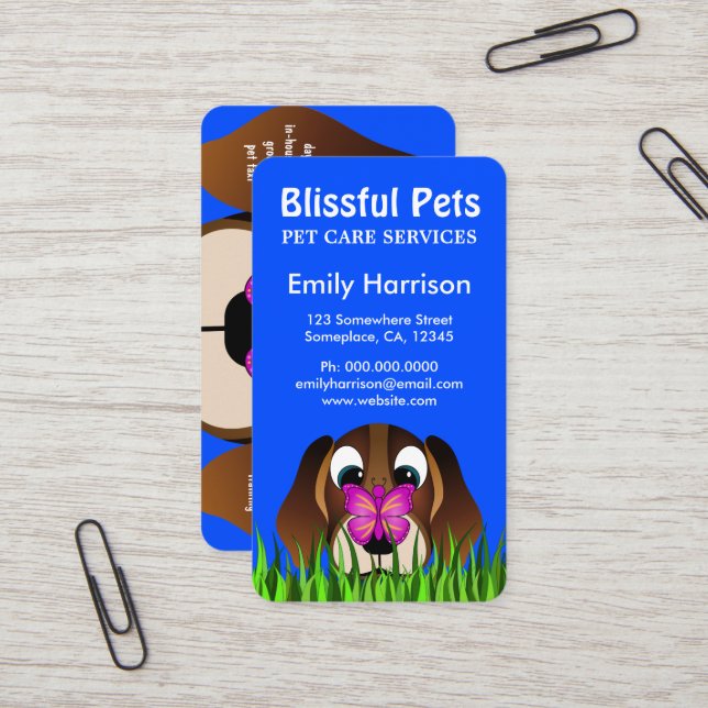Cute Blue Beagle Puppy Dog and Buttefly Pet Care Business Card (Front/Back In Situ)