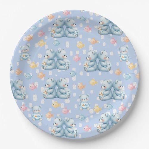 Cute Blue Bear and Fish Seamless Pattern Paper Plates