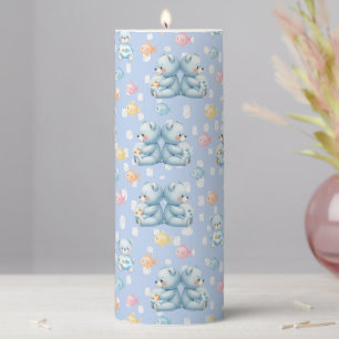 Cute Blue Bear and Fish Seamless Pattern Pillar Candle